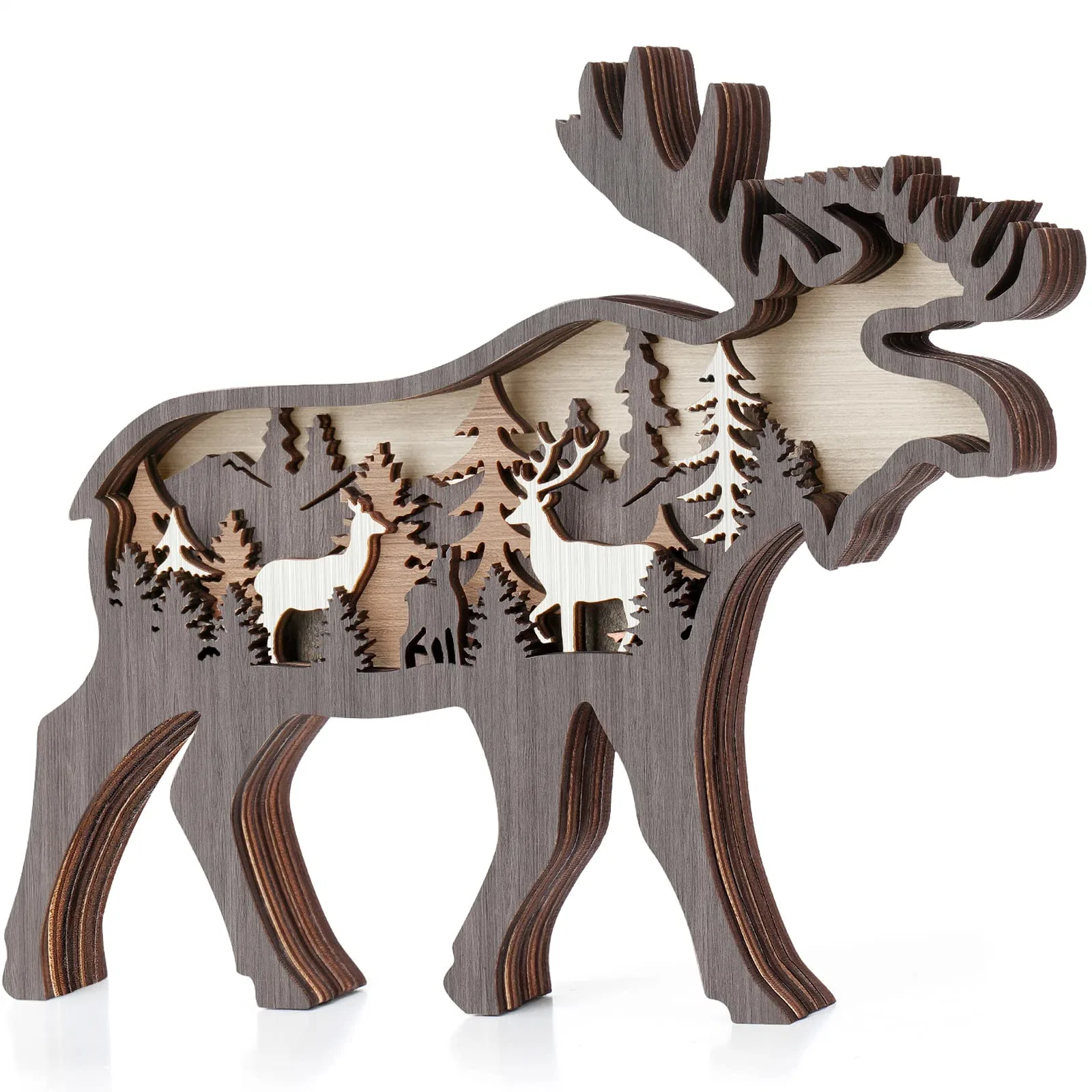 Creative Multi Layer 3D Wood Carving Forest Animal Elk Wood Crafts for Home Furnishing Wall Decorations