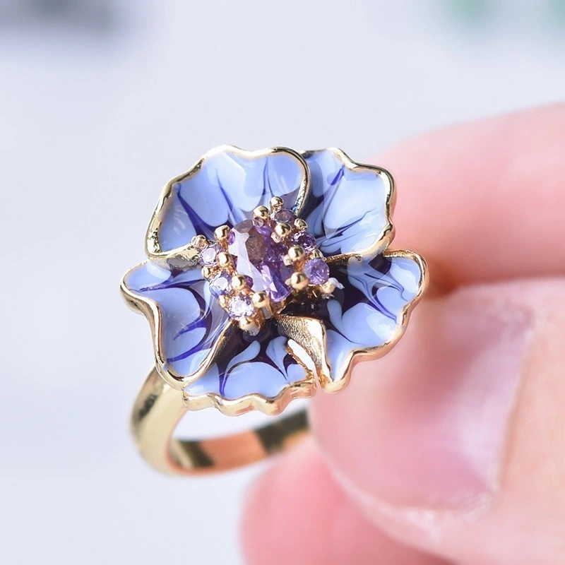 Custom High quality/High cost performance  Flower Ring Micro-Set Full CZ Diamond Two-Tone Electroplate Creative Personality Ring