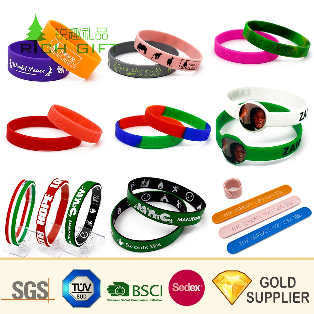 Free sample réglable personnalisée gravée Couleur du logo de marque réutilisables en silicone rempli de Bracelet porte-clé