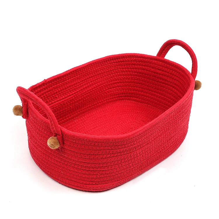 Round Woven Organizer Pompoms Red Storage Basket for Christmas Gift