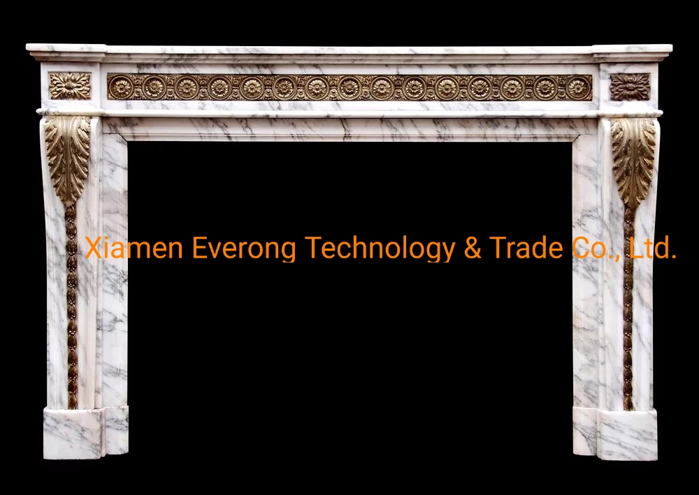 High-End White Marble Fireplace Mantel with Bronzer Flower Sculpture