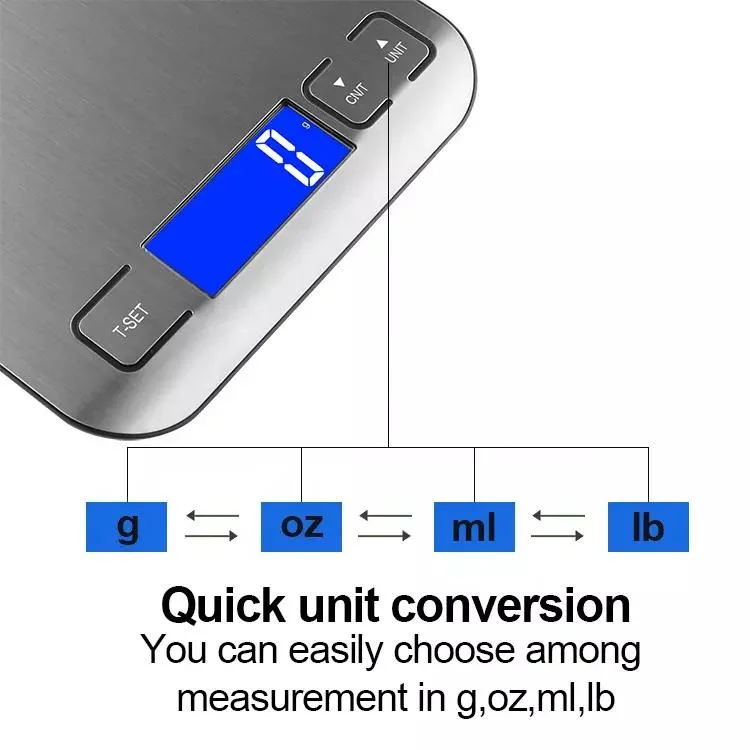 طعام رقمي وزن من الفولاذ المقاوم للصدأ مؤقت ميزان المطبخ الإلكترونية 5 كجم