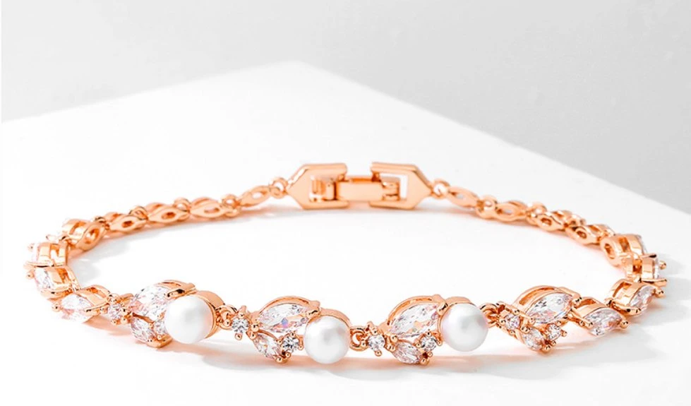 Rose Gold Pearl CZ Bracelet, Bridal Wedding CZ Bracelet, Fashion CZ Bracelet, Gift Bracelet