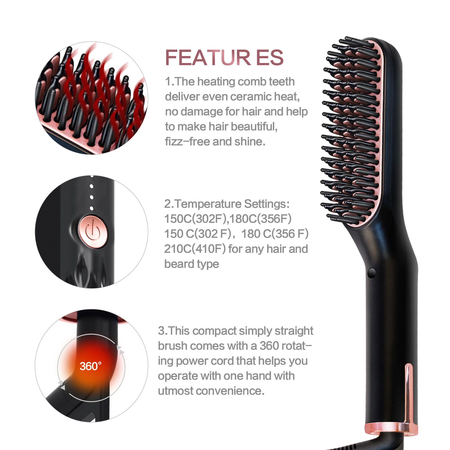 Multi Functional 3 in 1 Long Hair Short Hair Beard for Women Men Versatile Electric Straightener Brush Comb