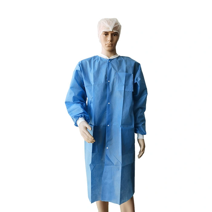 Batas de laboratorio desechables para adultos con bolsillos duraderos y sin látex Chaquetas de laboratorio azules con puños y cuello de punto