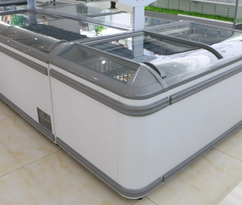 Supermarket Sliding Glass Top Island Freezer Finishing Fridge Seafood Display