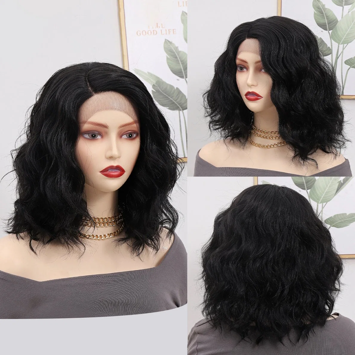 New Fashion Women&prime; S Wig Black Color Curly Hair Lace Wigs