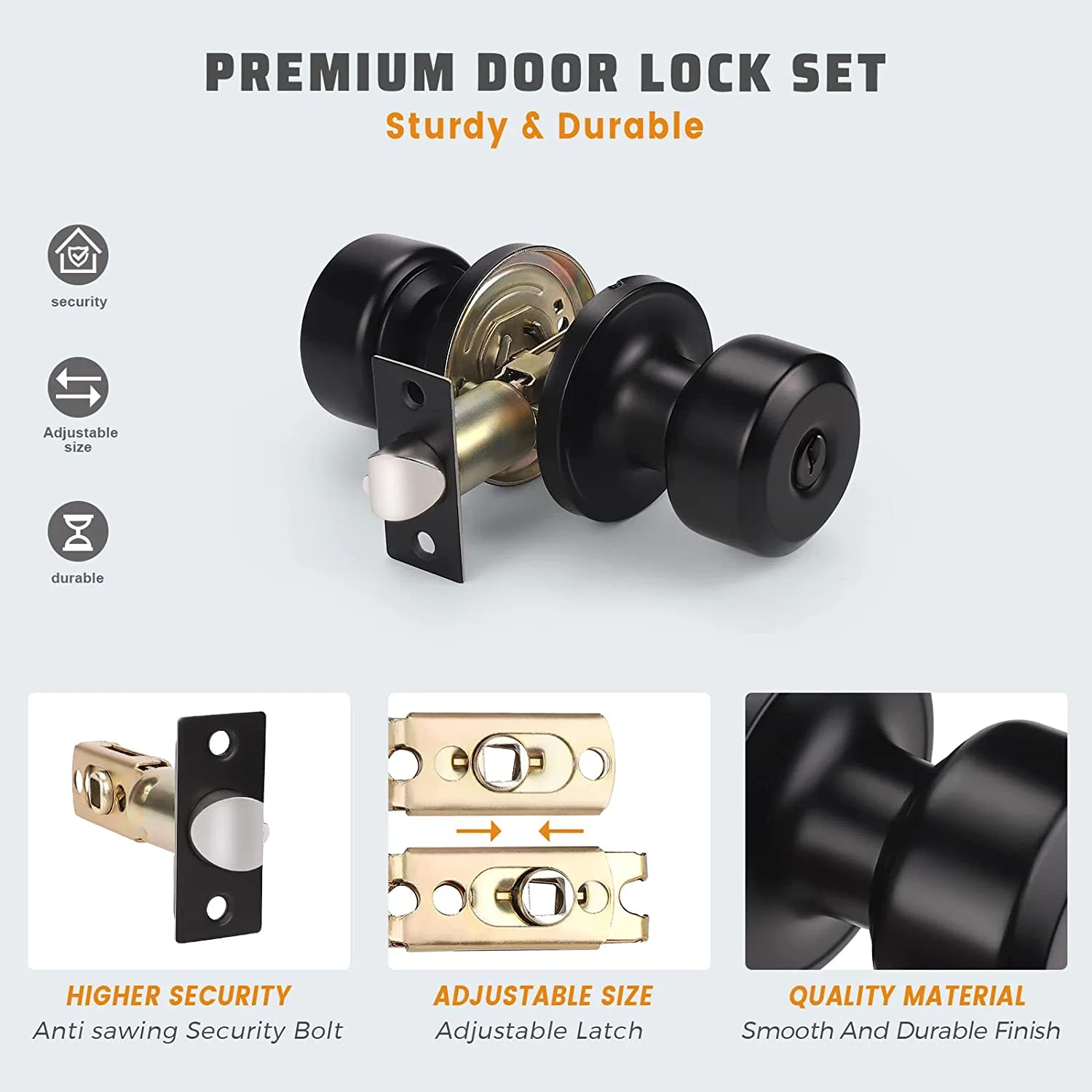 Matt Black Entry Exterior Knob Lock for Door with Key