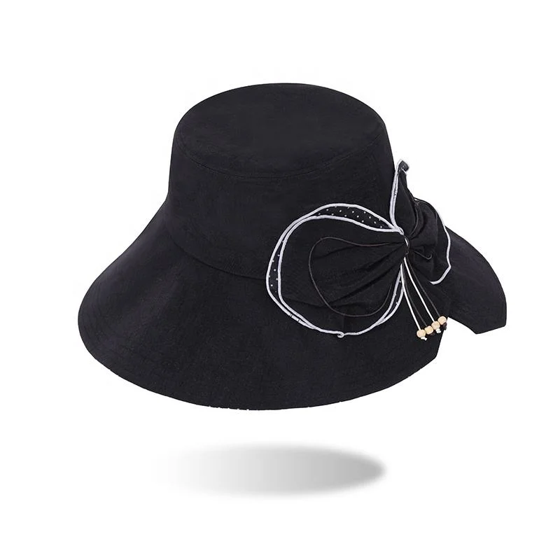 Prix de gros femmes large bord Lady Sun Hat avec corde Casquette d'été noire tissée, bonnets noirs