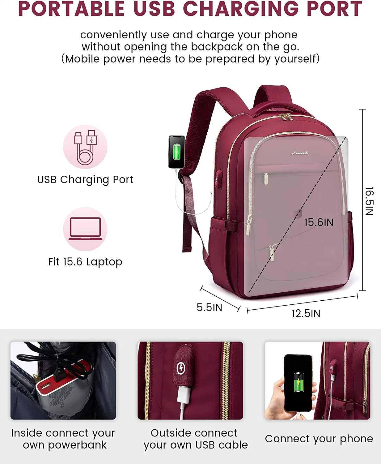 Résistant à l'eau Daypack sac à dos et de chargement USB et port pour l'Mens Womens Business School