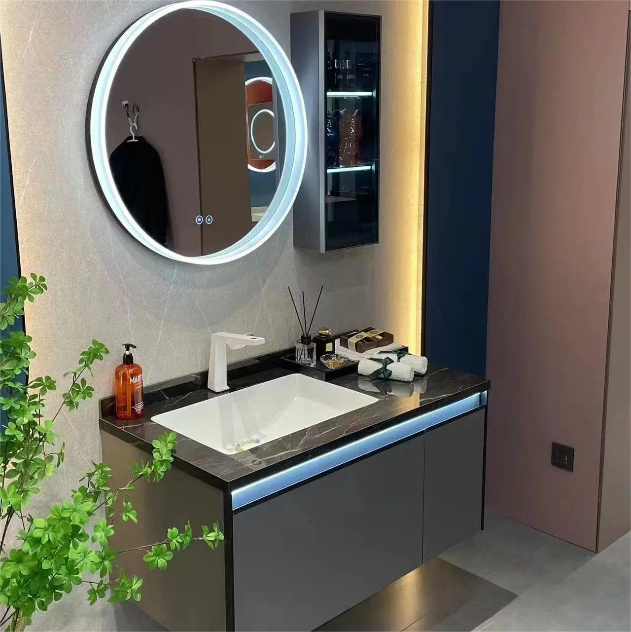 Plywood Vanity Cabinet Bathroom Furniture with LED Light Mirror Cabinet