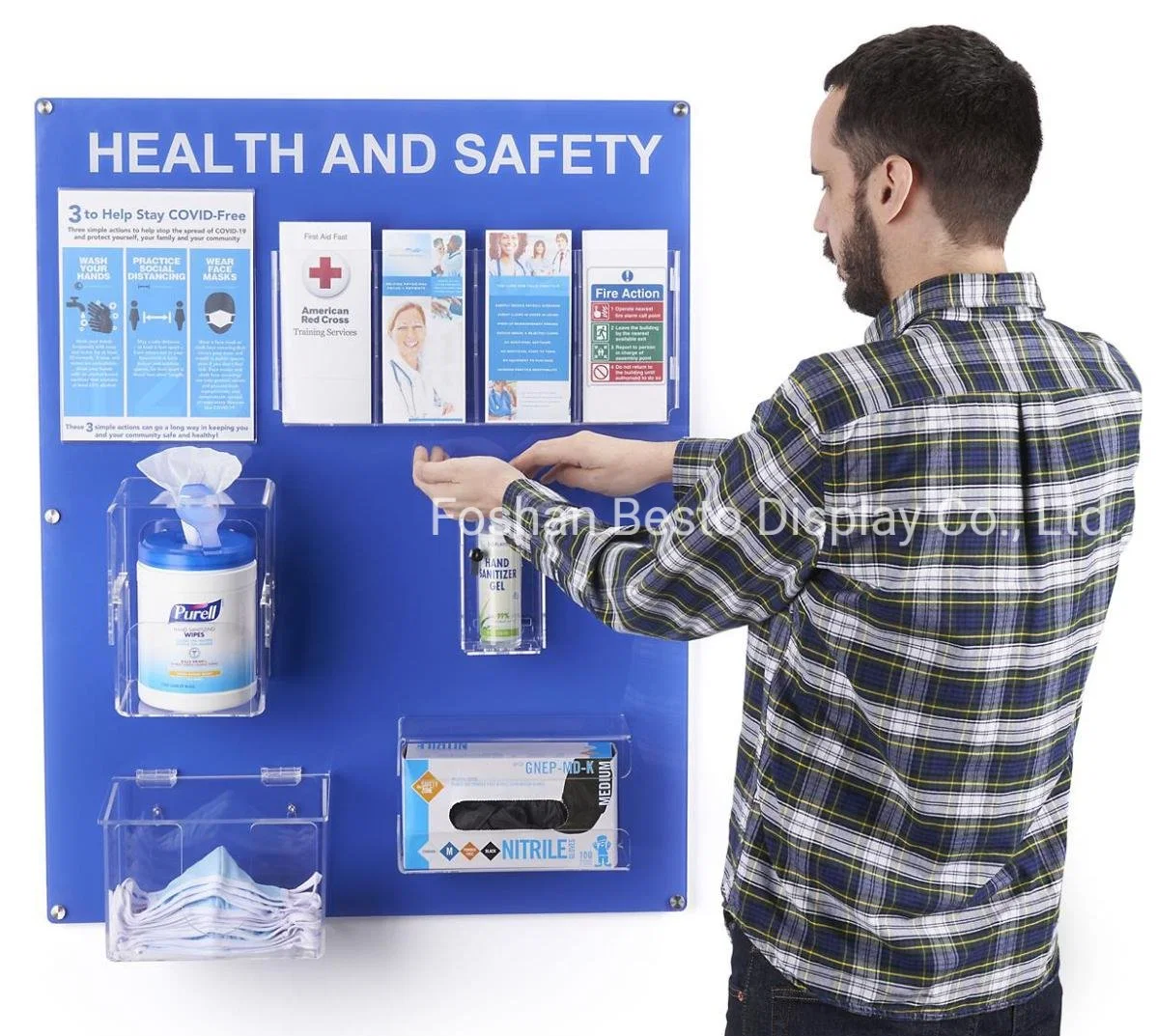 Acrylique monté sur la santé et sécurité carte murale avec compartiments PPE détenteurs et de la brochure pour l'école, Restaurant, bureau, l'hôpital, magasin de détail