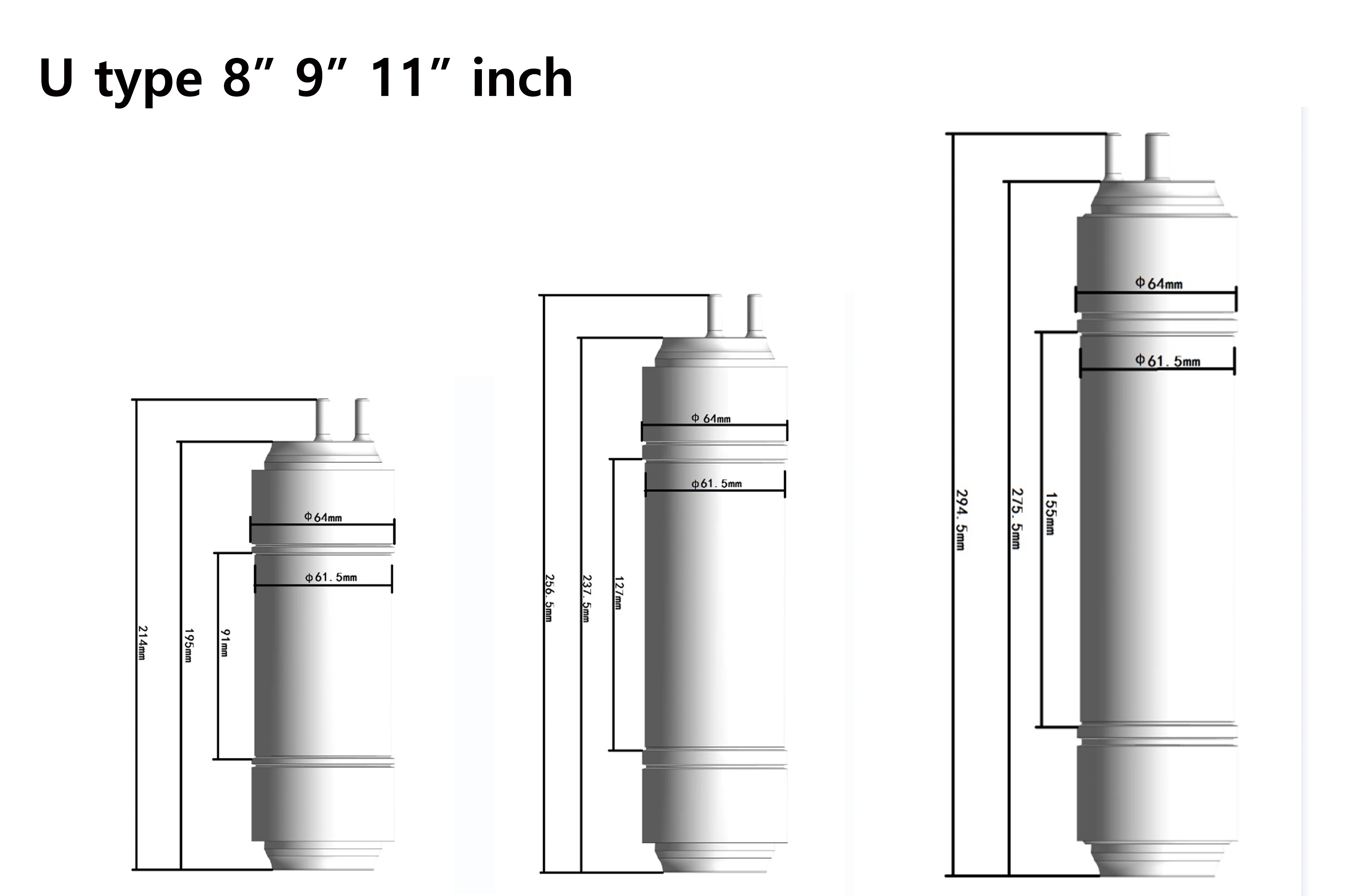 Wingsol 8 pouces Filtre à eau Corée, Type U, Raccord rapide d'entrée/sortie d'eau de 2/8" ou 3/8", Pression d'eau de 32 bars, PP/GAC/CTO/UF/RO/Résine/PC, Usine OEM.