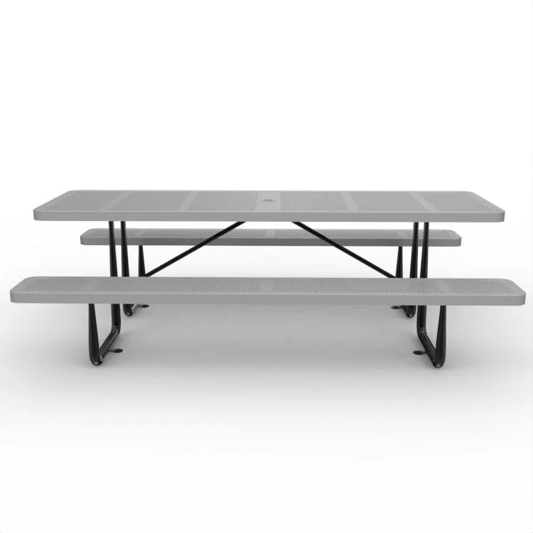 OEM 96" Outdoor Rectangular Picnic Table, Seaside and Curbside Public Metal Table and Chairs, Expanded Metal, Gray