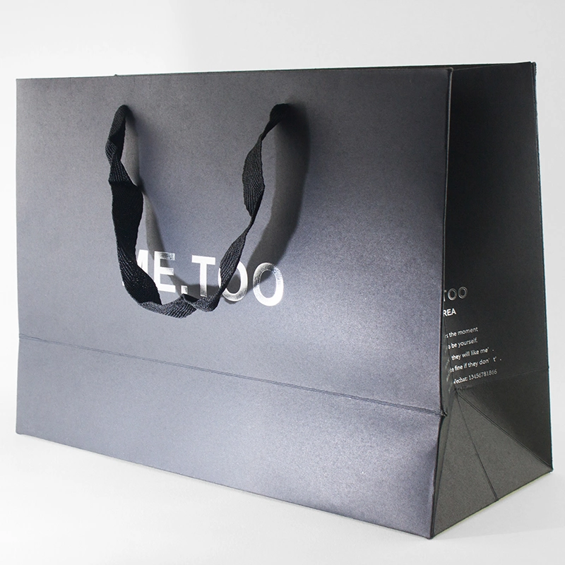 Factory Custom Printed Matte Black Paper Shopping Bag with Ribbon Handle Packaging Luxury Gift Paper Bag with Logo