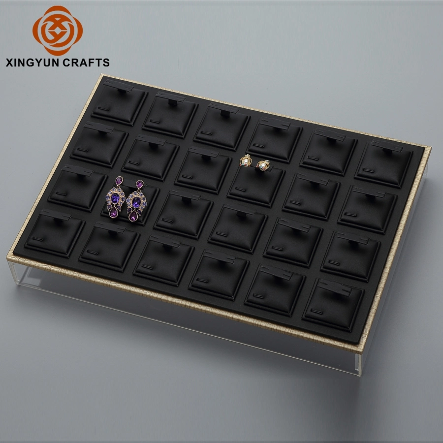 Luxury MDF Jewelry Tray Leather Jewelry Gift Display Black Leather Earring Ring Tray with Acrylic Lid