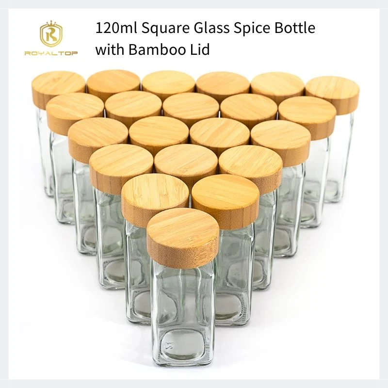 Kitchen Set Square Glass Bottle Spice Container Salt Grinder Pepper Shaker Set with Shelf and Label