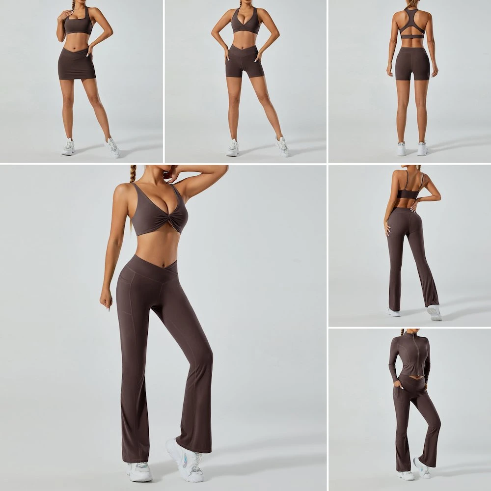 OEM/ODM 7PCS Sexy Workout Sets Premium Tennis Activewear for Women, Custom Stylish Yoga Bra + Running Jacket + Flared Yoga Pants Sweatsuits with Pockets