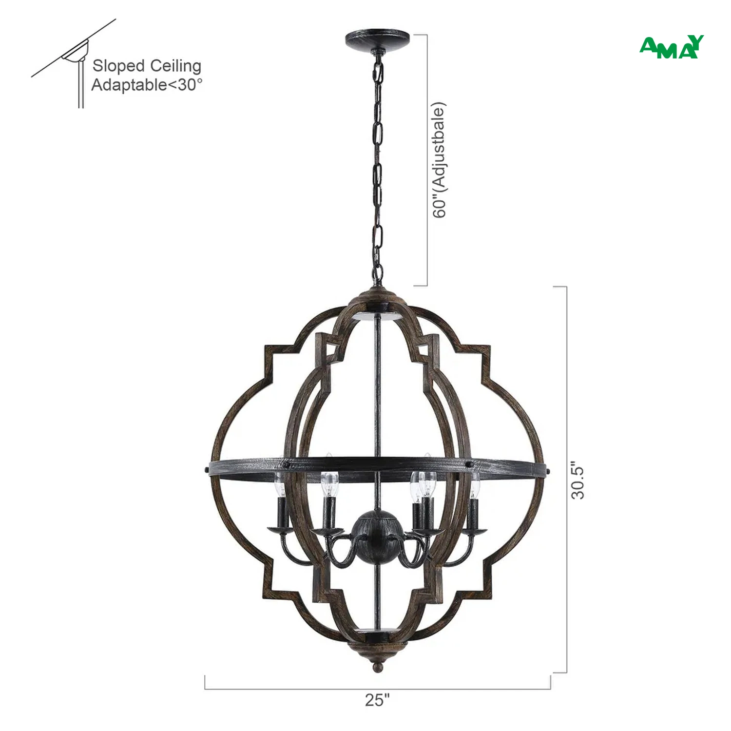 25" Industrial Lantern Wood Grain 6-Light Chandelier Pendant Light