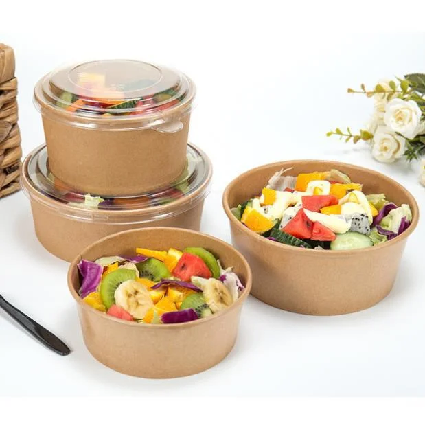 Custom Print Paper Lunch Bowl Disposable 24oz Soup Bowls Food Kraft Paper Salad Bowls Set with Lid