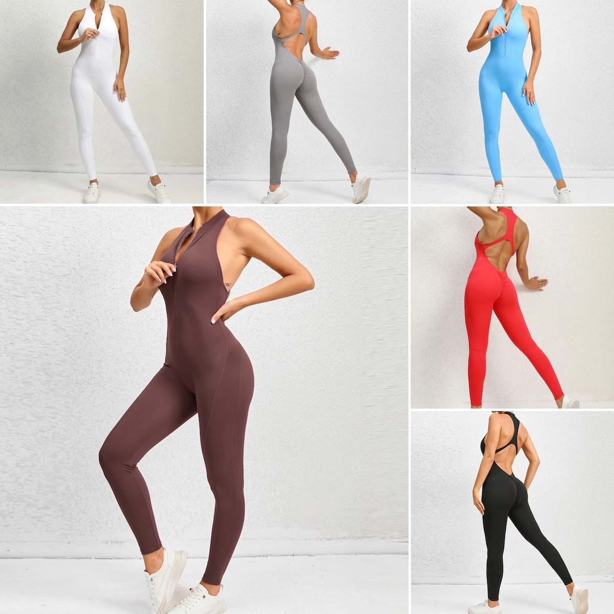 New Trendy Scrunch Booty Zip up Fron Sportswear One-Piece Open Back Workout Jumpsuit for Ladies, Sexy Romper Playsuit Backless Yoga Bodysuit Leotard