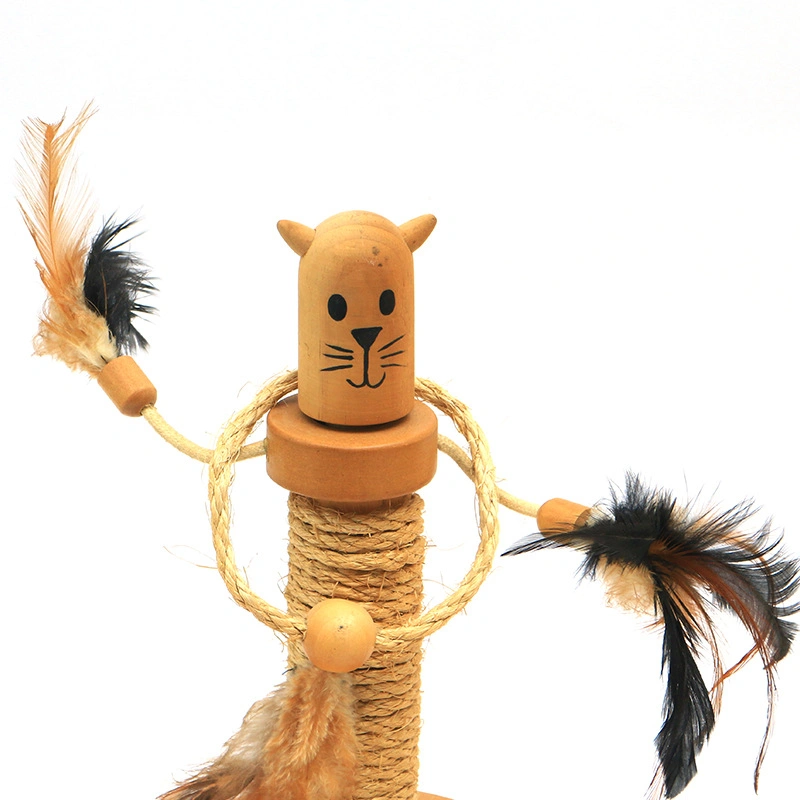 Aveco Handmade Standing Double Rope Toy Pile Wooden Cat Scratching Post Feather Funny Crafts with Cute Cat Face