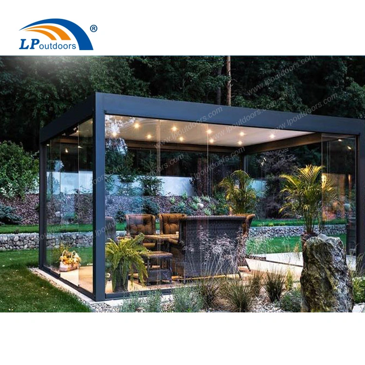 Aluminio sombra de sol Jardín eléctrico impermeable Gazebo Louvre techo Pergola con Luz LED