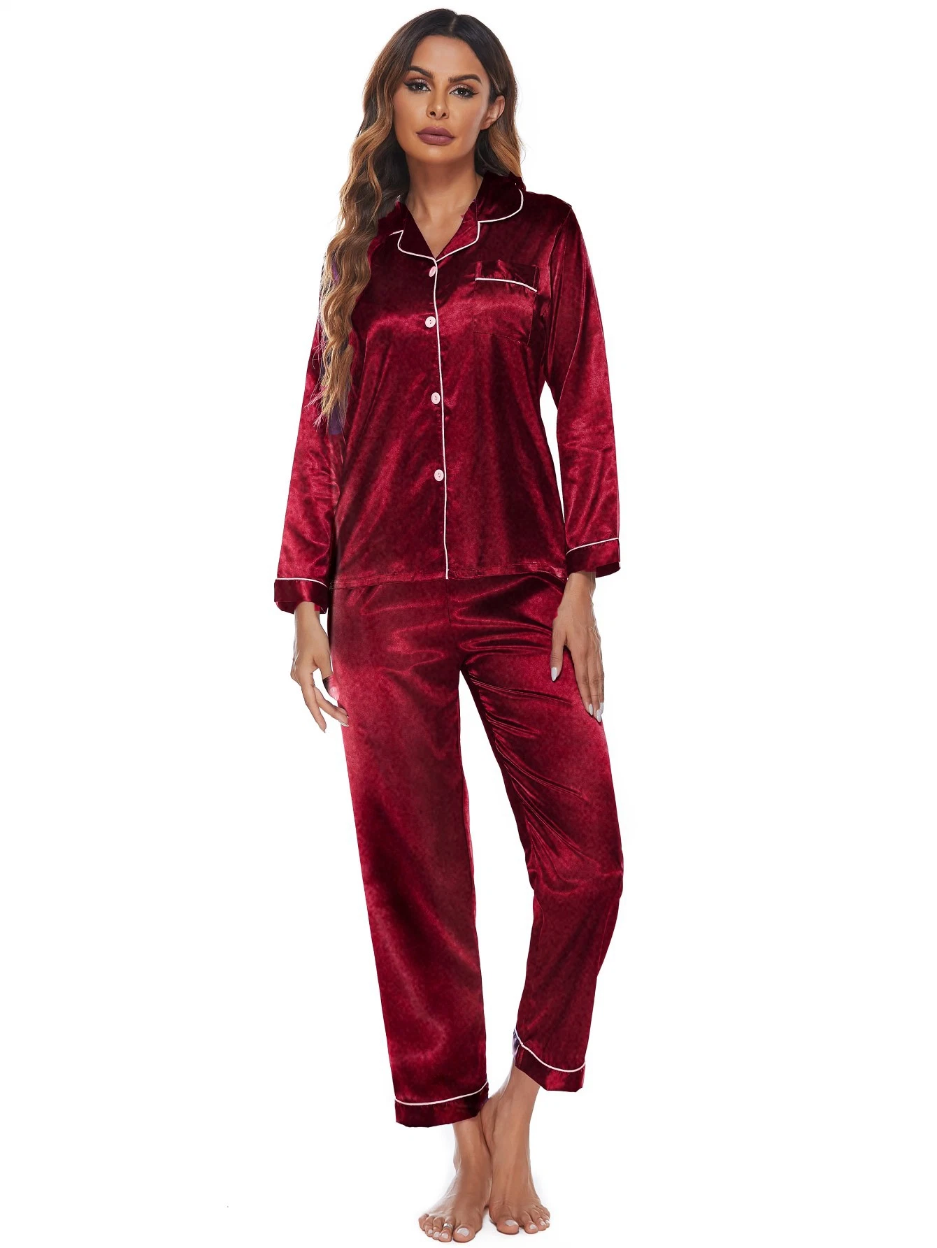 Custom Silk Pajama Solid Color Family Satin Long Sleeve Women Pajama Set