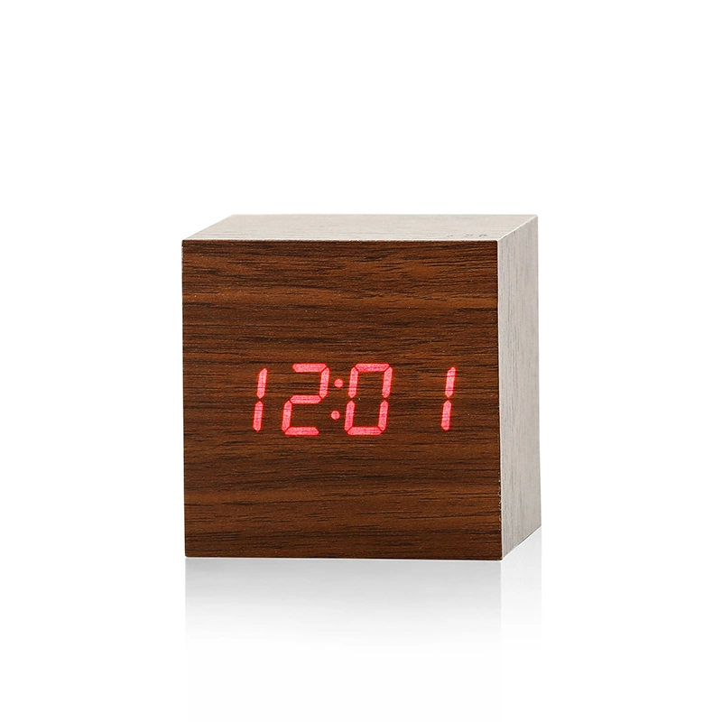 Square Wood LED Alarm Clock Voice Control Table Gift Clock