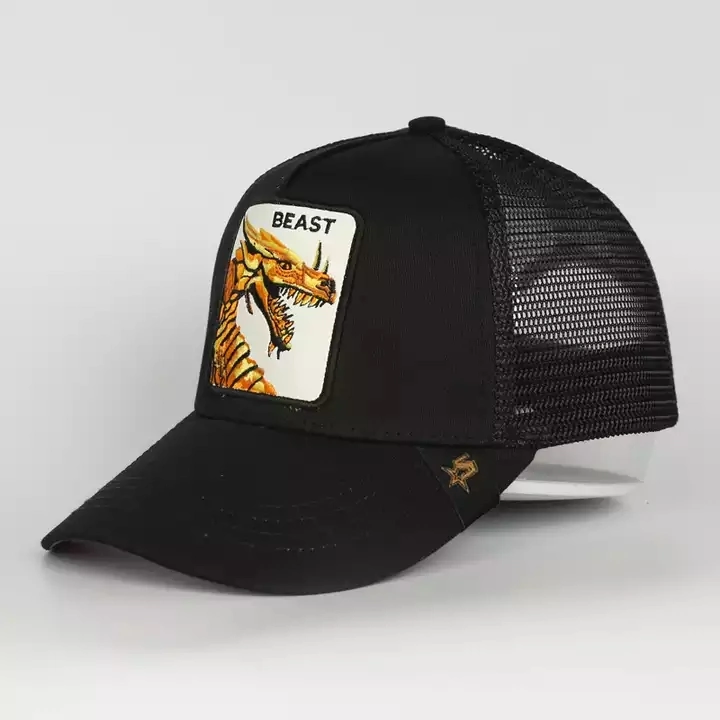 Painel 5 Homens Sports equipado de Anime Hat Gorras Couro PU Preto Gorros Bordados Personalizados Dragon Logotipo Animal Camionista Malha Pac para homens