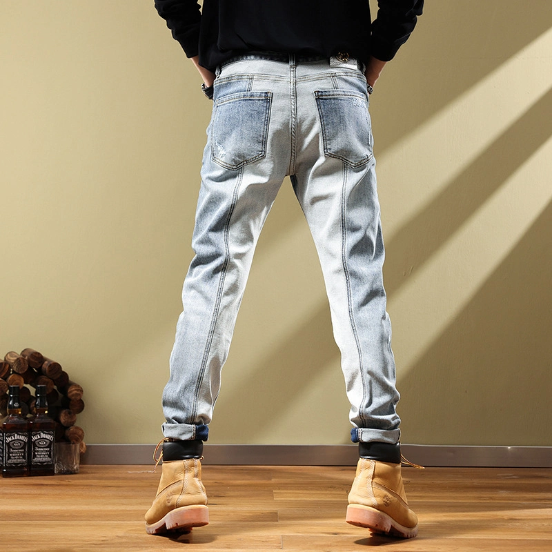 Spring and Autumn Splicing Jeans Ripped Tide Ins High Street Men&prime; S Tide Brand Elastic Slim Embroidery Patch Locomotive Small Foot Pants (CFJPM-020)