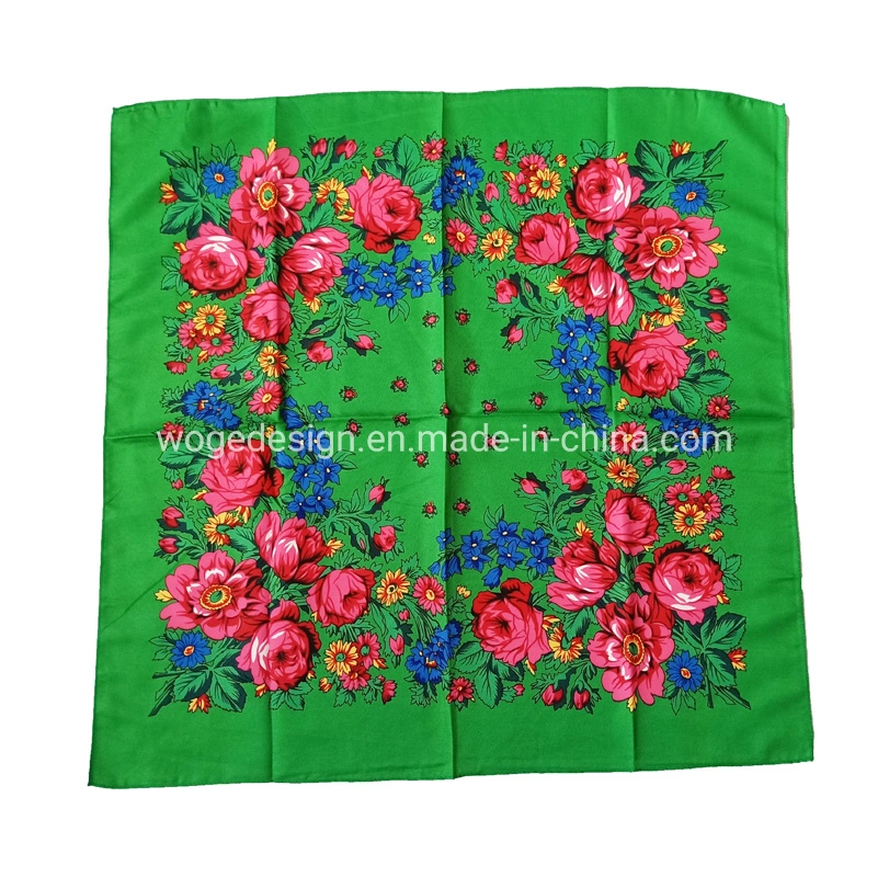 China Premium Factory Unique Muffler Headwrap Shawl Lady Babushka Print Flowers Cotton Feeling Polyester Square Russian Scarfs