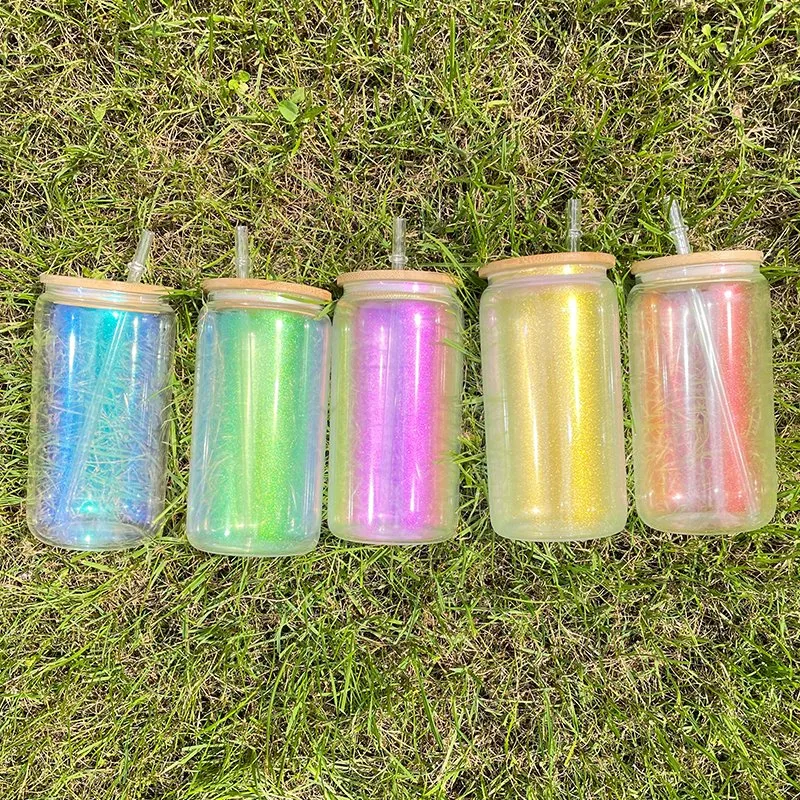 20oz Ombre Color Blank Sublimation Iridescent Rainbow Glitter Beer Glass Can Bamboo Lid and Straw