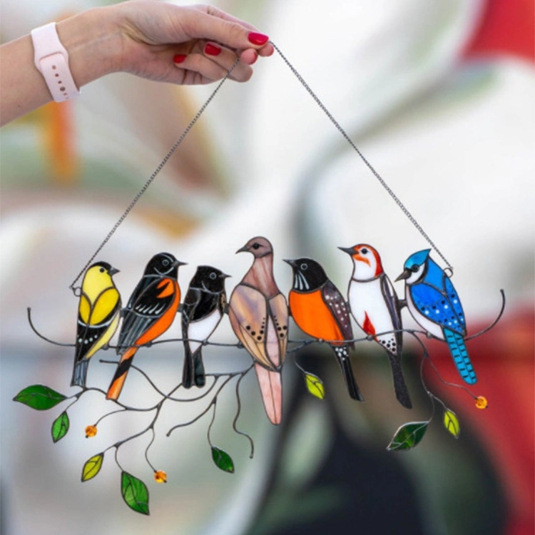 Multicolor Birds on a Wire High Stained Glass Suncatcher Window Panel, Stain Glass Window Hanging, Bird Series Ornaments Pendant Home Decoration Birds Decor