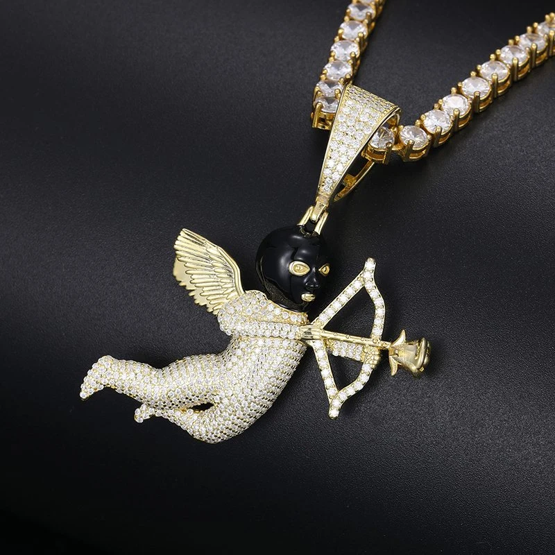 Iced out Men Hip Hop Jewelry Gifts D Vvs Moissanite Angel Cupid Pendant Black Masked Arrow of Eros 925 Sterling Silver Necklace