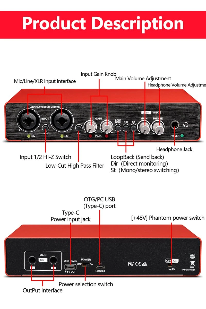 Разъем XLR для подключения портативных аудиокарт UC22 Интерфейс USB Питание аудио