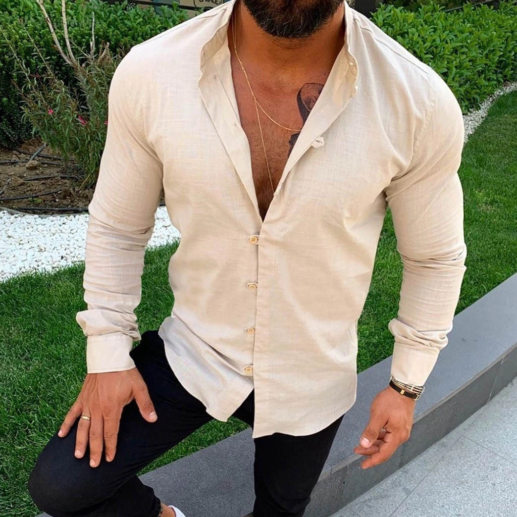 OEM Long Sleeve Button Stand Collar Men's Cotton Linen Shirt Button Casual Top