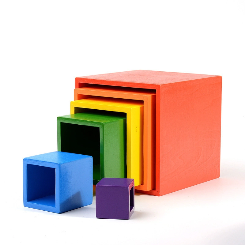 Rainbow Set Box Educational Wooden Box Rainbow Toys Square Shape Building Blocks
