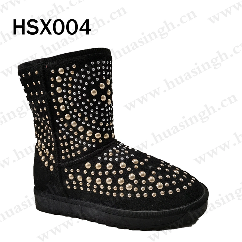 Zh, Wholesale/Supplier Plush Real Wool Lining Black Winter Snow Boots Rivets Decoration Lady Boots Shoes Popular in Extreme Cold Weather Hsx004