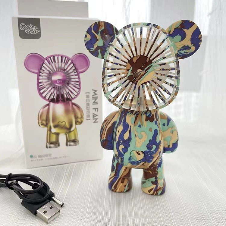 Color Graffiti Bear Fan USB Charging Three-Speed Portable Gift Net Red Desktop Mini Gradient Electroplating Bearfan