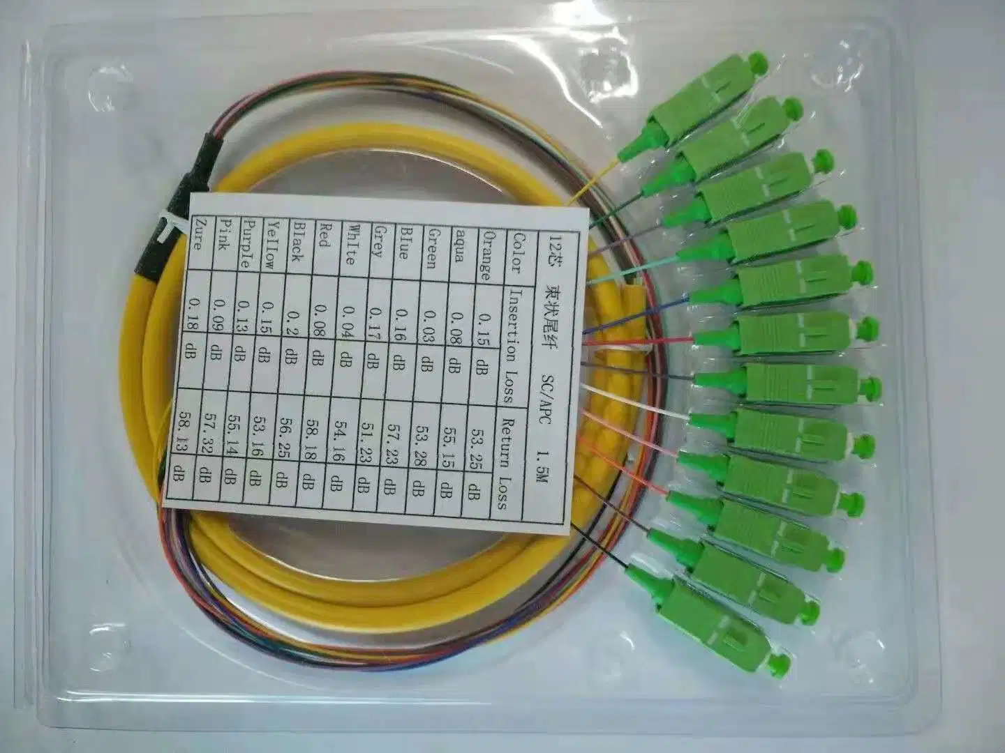 Om3، OM4، Om5، G652D، G657A1 Sc APC 12 ألياف سلك الوضع المتعدد/ألياف الوضع الفردي كابل تصحيح الابصار حزمة ذيل حزمة