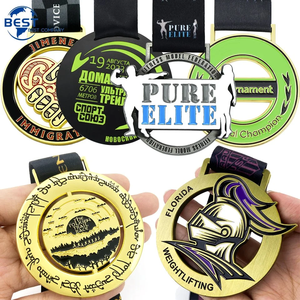 Manufacture Zinc Alloy Logo Football Soccer Marathon Running Race Sport Design Custom Metal Engraved Enamel Medals with Ribbon