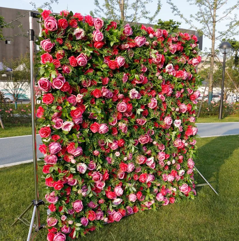 Customized Artificial Fabric Silk Rose Flower Wall Wedding Decoration Backdrops Roll up High End Flower Wall