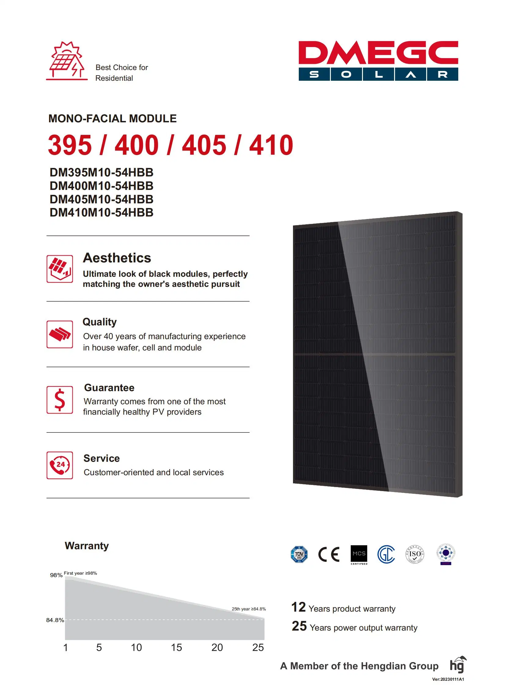 Marque de premier niveau Dmegc Panneaux solaires de 400W/410W avec certification CE/TUV pour système d'énergie solaire.