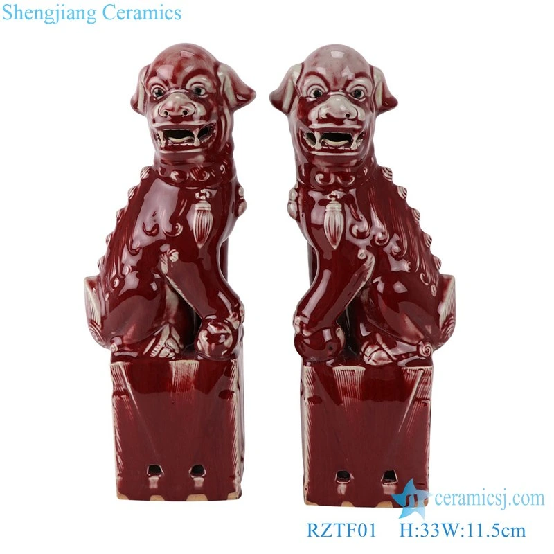 Rztf01 Jingdezhen Color Glaze Longhong Squating Ruby Red Ceramic Foo Dog Statue