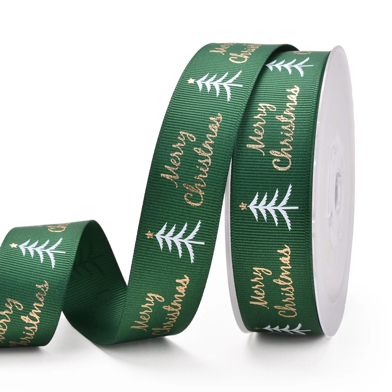 Hot Sale Factory Gift Ribbon Customized Green Printed Ribbon Satin Ribbons for Christmas Decoration Packing DIY Wedding