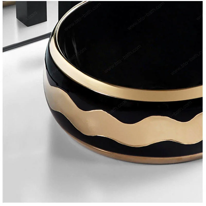 Горячая продажа Золото и Черный Ручная мойка ванная комната Round Форма керамического резервуара с пристолешней
