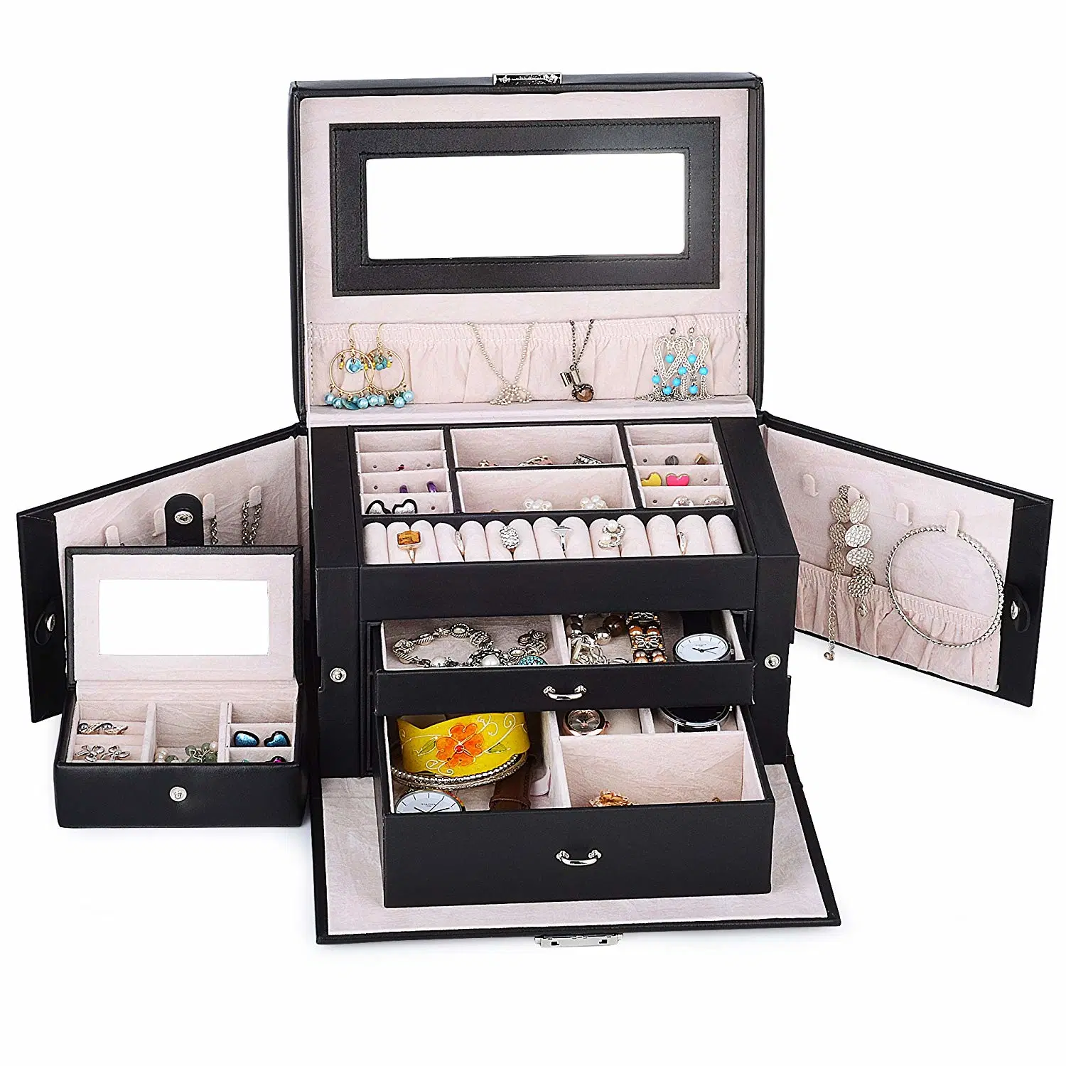 Large Capacity Black PU Leather Travel Storage Jewellery Boxes Portable Jewelry Box