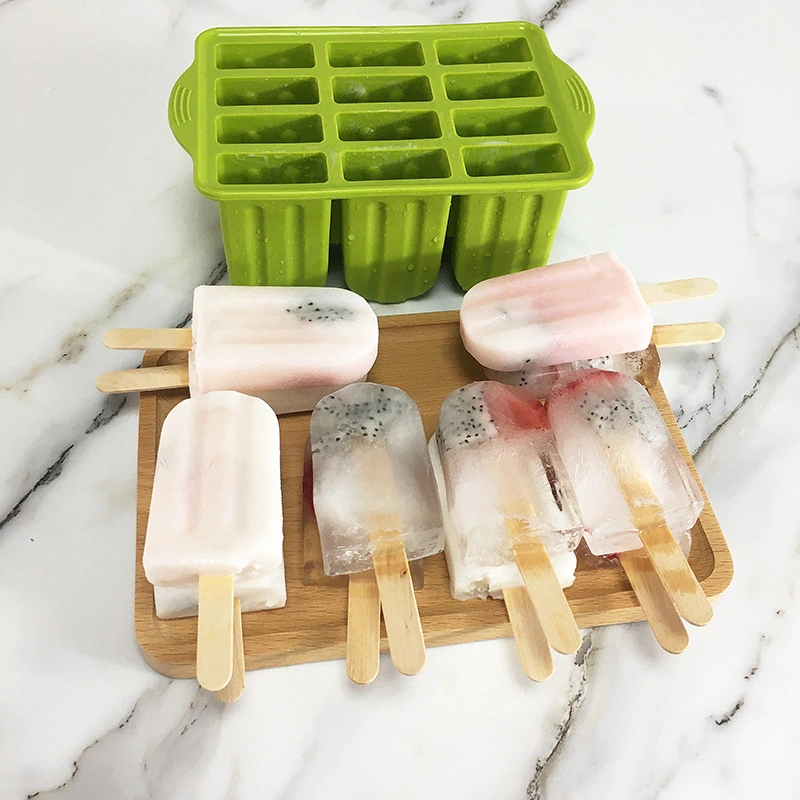 Summer BPA Free 12 Cavity Silicone Frozen Yogurt Ice Milk Popsicle Mold with Wooden Sticks