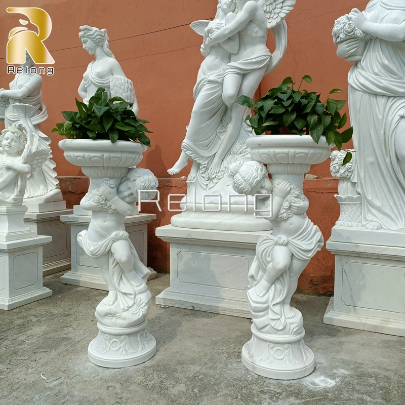 Par de mão esculpida em pedra mármore Carving Flowerpot com senhora estátuas de ornamentos de Jardim